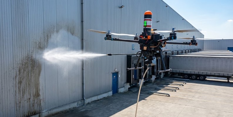 Drone relié au sol, projetant un jet sur le bardage métallique encrassé d'un entrepôt logistique à quais de chargement